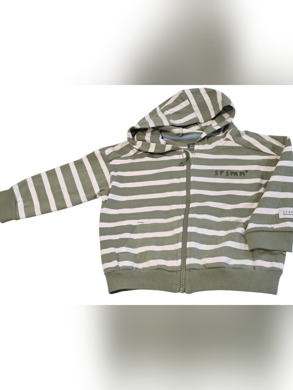 Striped Hooded Zip-Up Shirt in Green and White Sm 2-3ans